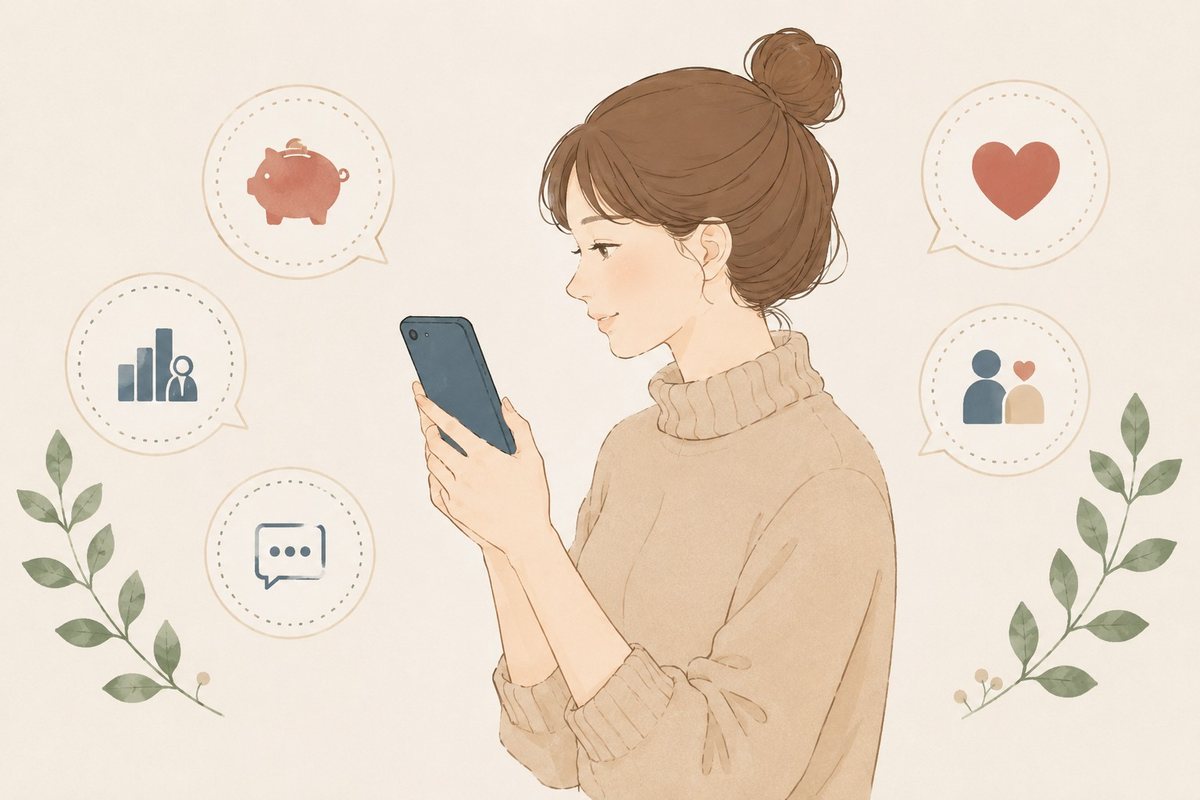 スマートフォンで婚活サービスを比較する様子